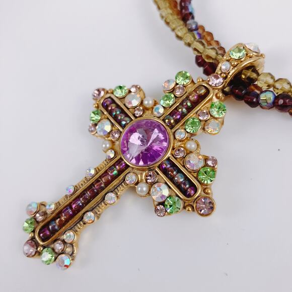 Colorful Glass Rhinestone Cross Christian Pendant Beaded Necklace Choker 16"-19" - Picture 11 of 12